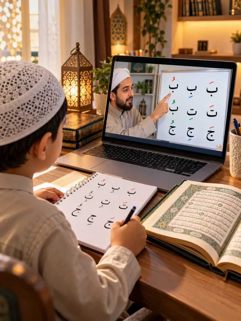 Muslim child learning Arabic short vowel marks during an online Quran lesson
