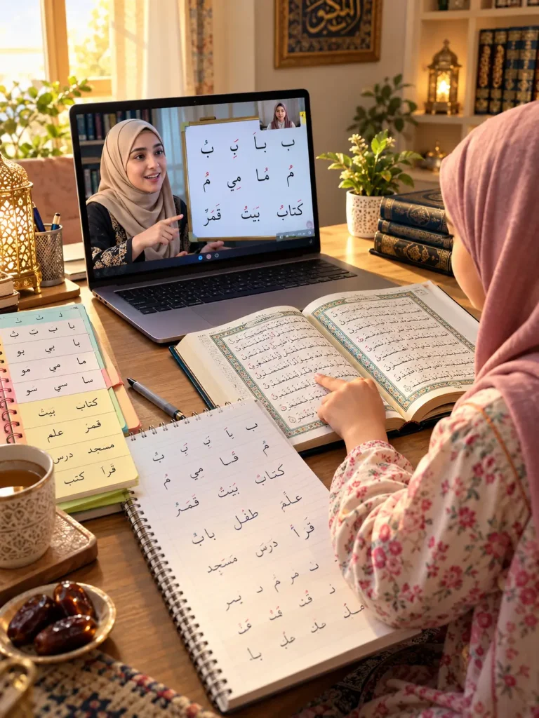 Young Muslim girl practicing Arabic letters in a notebook during an online Quran lesson with a female teacher on video call