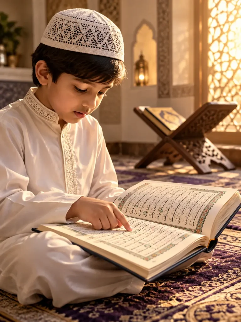 Child using a Noorani Qaida book during beginner Quran reading practice