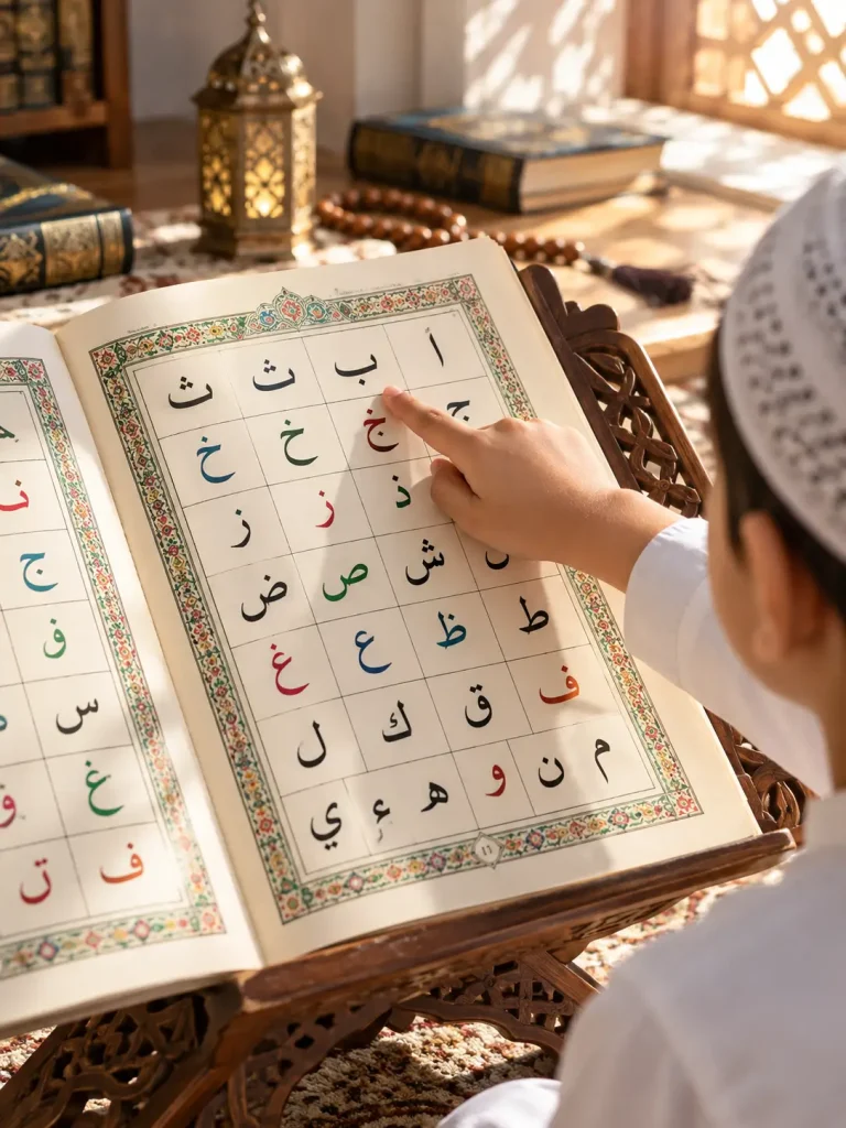 Child learning Arabic letters from a Noorani Qaida book during Quran reading practice