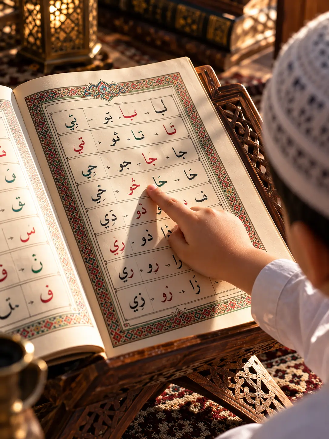 Child practicing joined Arabic letters from a Noorani Qaida book