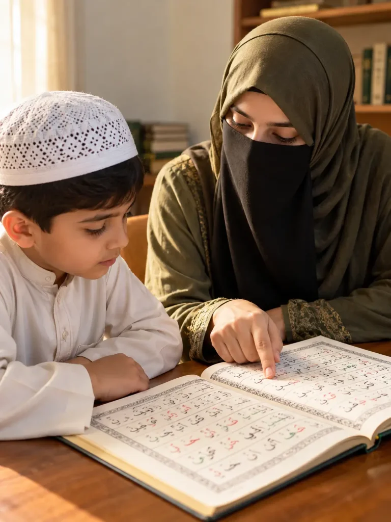Female Quran teacher teaching Noorani Qaida to a child during an Arabic reading lesson