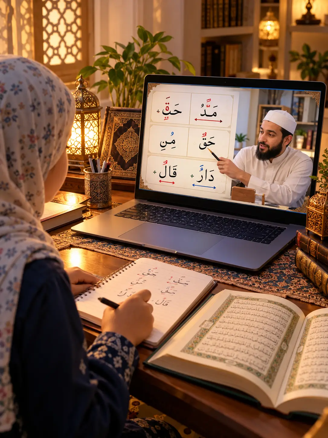 Muslim student learning Quran pronunciation online with a teacher and practicing Arabic pronunciation markers