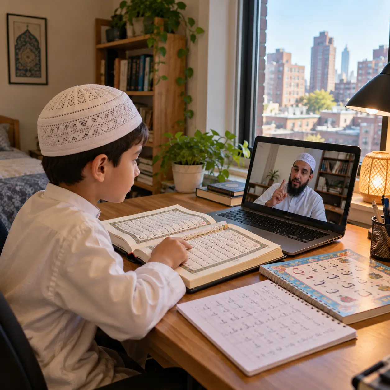 Muslim child taking online Quran classes with Tajweed teacher at home