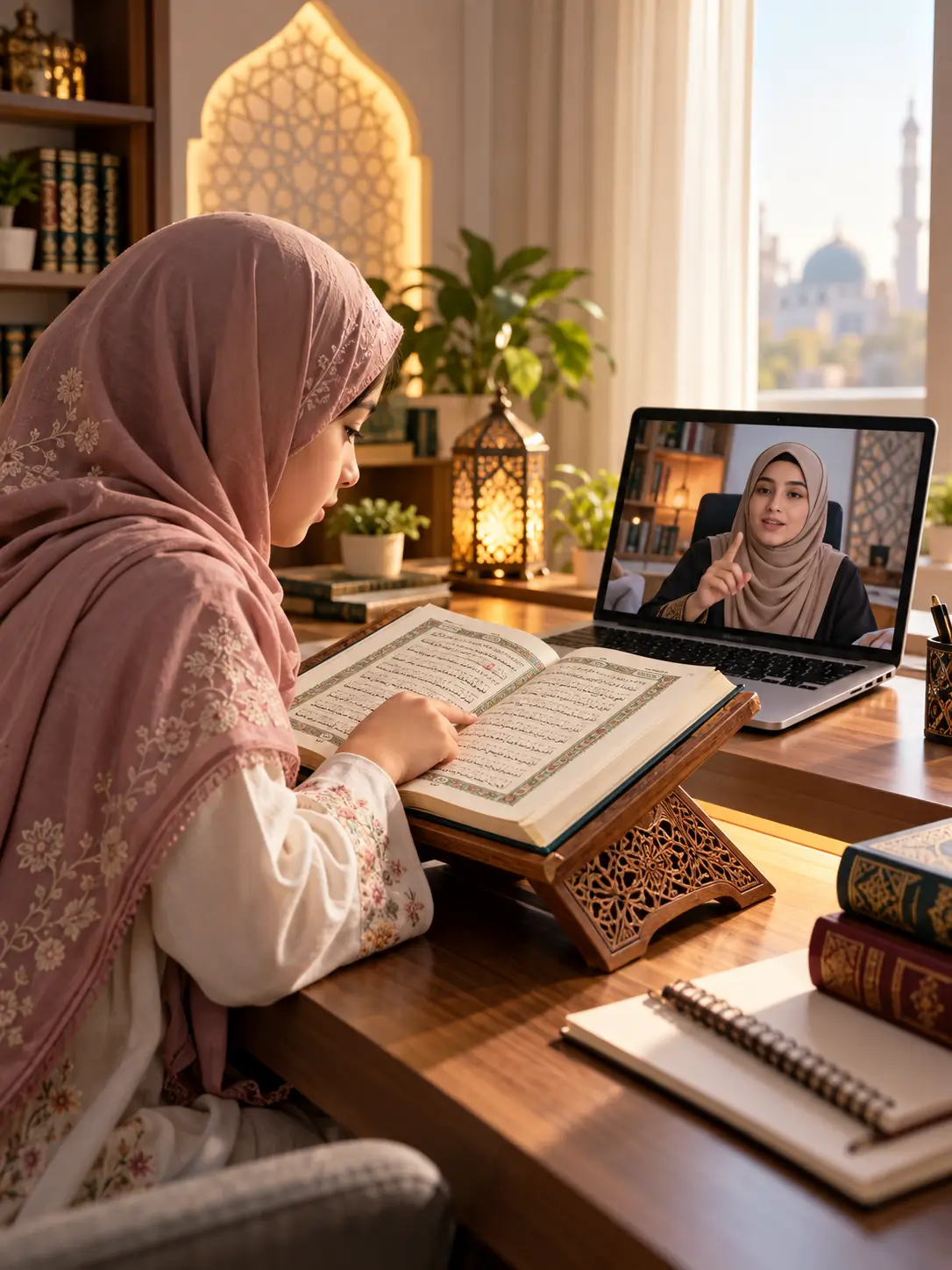 Young Muslim girl learning Quran Tajweed with a female Quran teacher through an online live lesson in new york USA