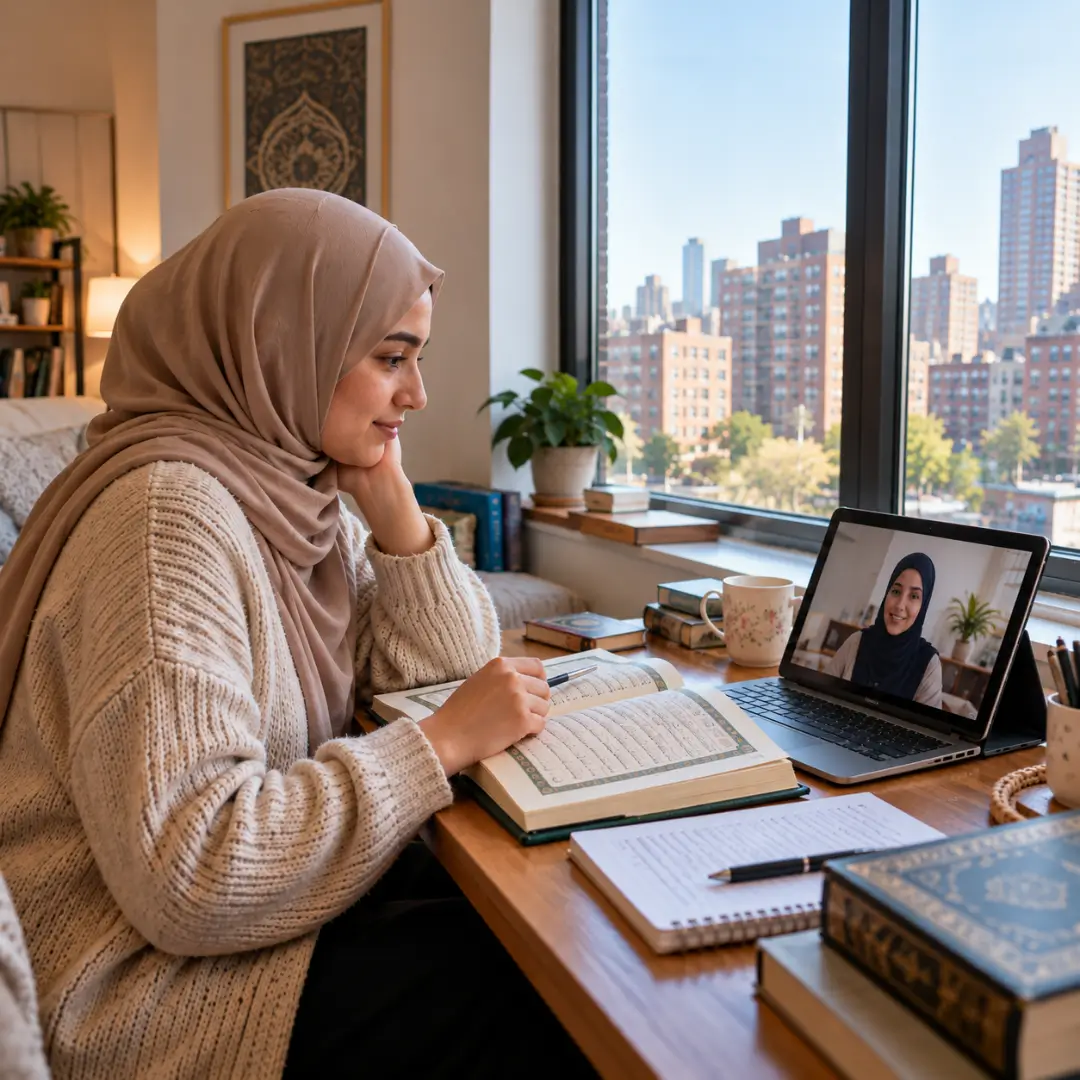 Muslim woman taking an online Quran lesson with a teacher in New York City