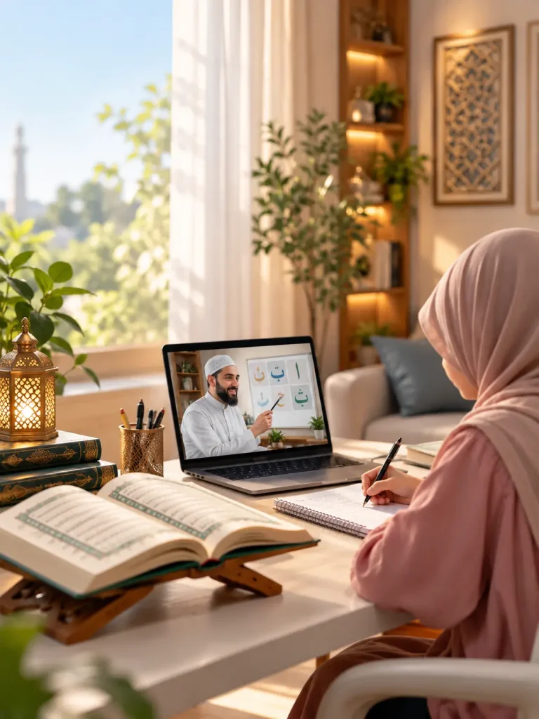 : Online Quran classes for beginners with a student learning Arabic from a home study desk