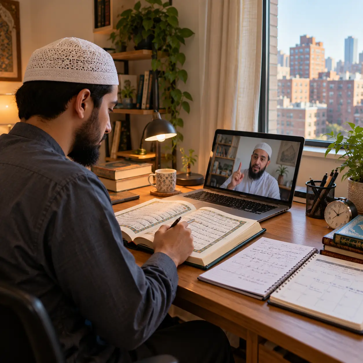 Adult student taking personalized online Quran classes with a certified teacher