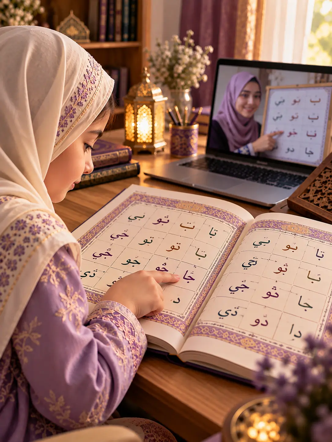 A young learner practising Quran reading with a teacher during an online lesson at home