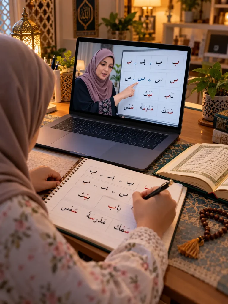 Beginner student practicing Arabic letter connections in a notebook while a teacher explains on a laptop during an online Quran class