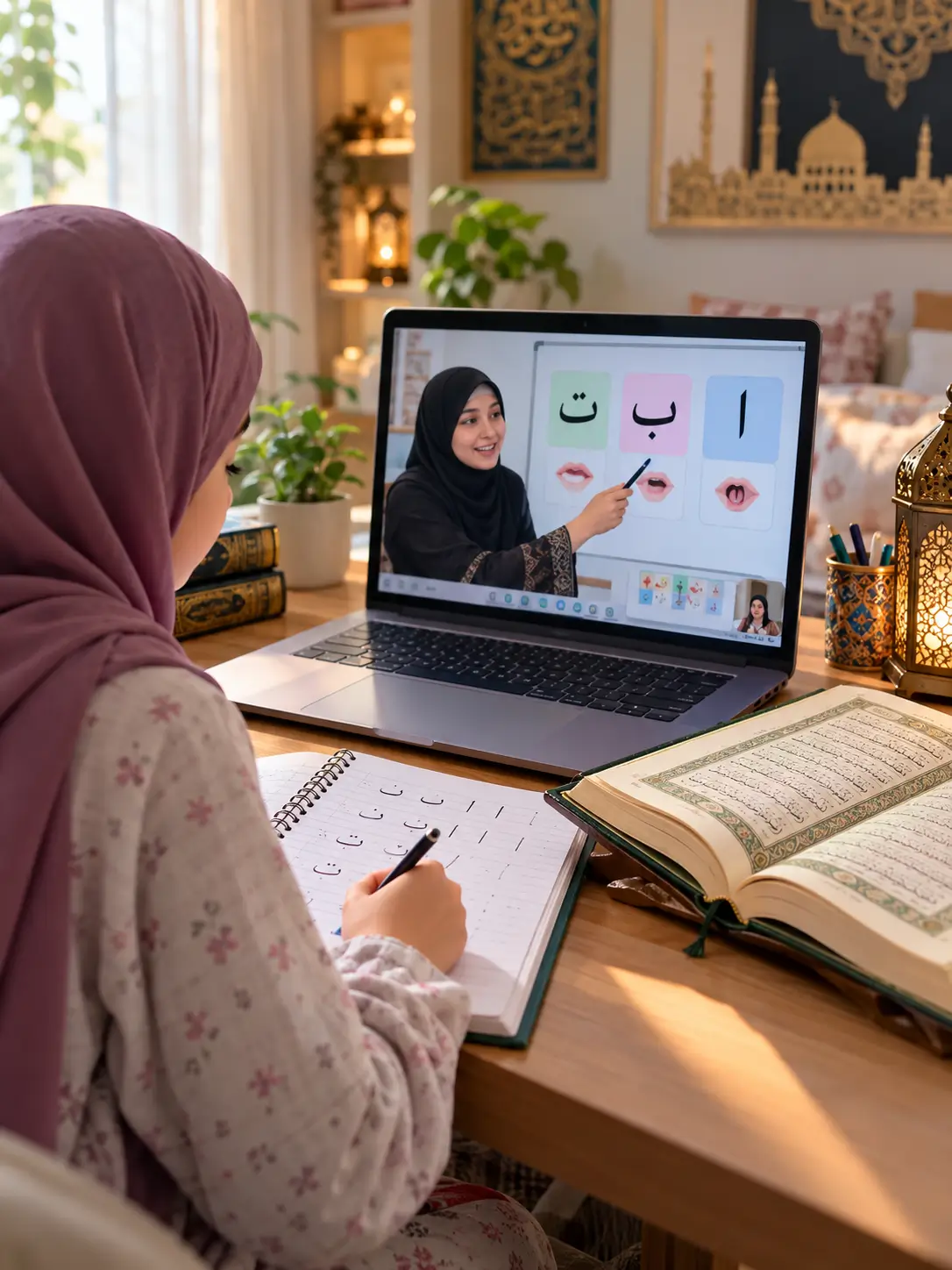 Muslim girl learning Arabic alphabet pronunciation during an online Quran lesson