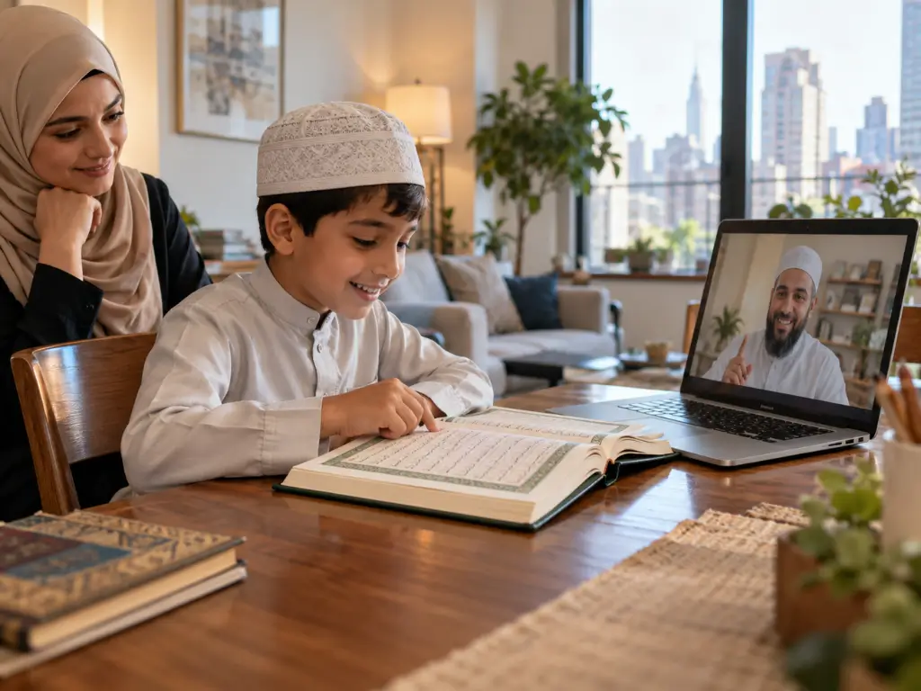Muslim child taking online Quran classes at home in New York