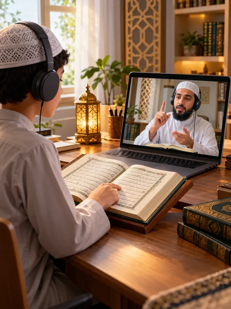 Online Quran Tajweed class with student learning Quran pronunciation from a qualified teacher New York