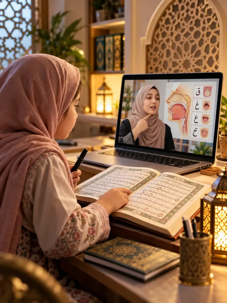 Young Muslim boy learning Noon Sakinah and Tanween Tajweed with an online Quran teacher