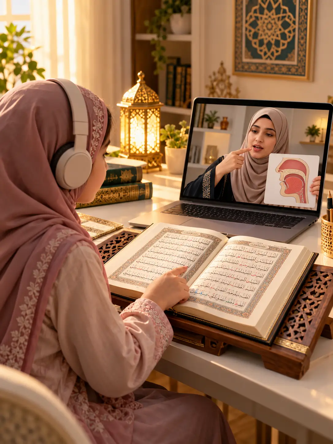 Young Muslim girl learning Quran Tajweed online with a female Quran teacher during a personalized Meem Sakinah lesson NYC