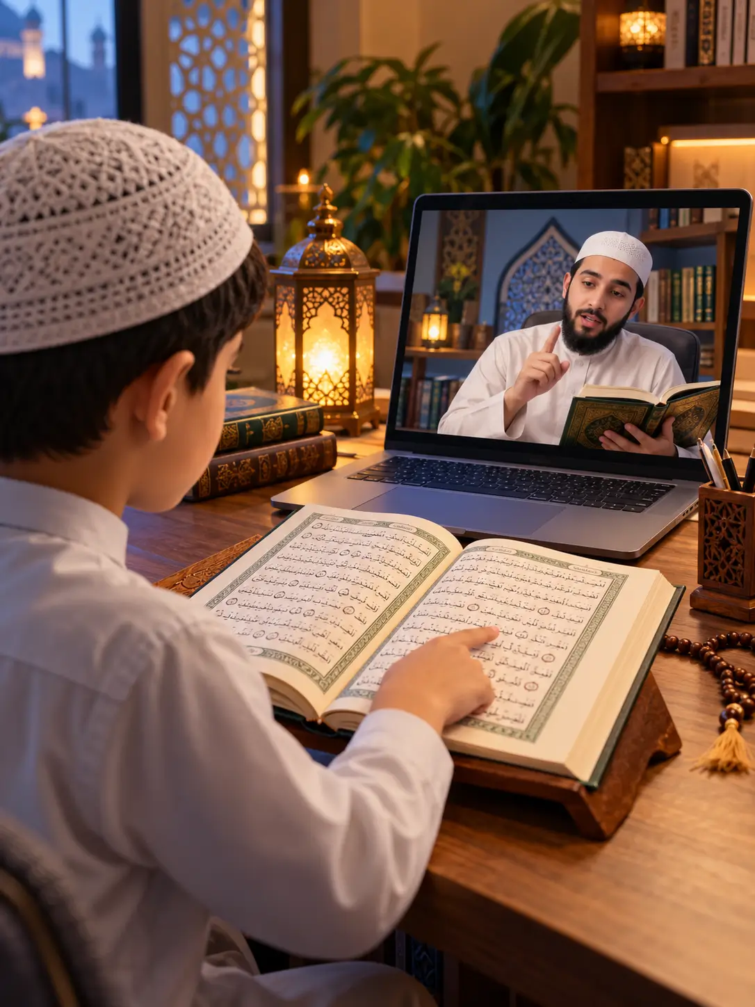 Young Muslim boy practicing Quran Qalqalah pronunciation with an online Tajweed teacher in NEW york