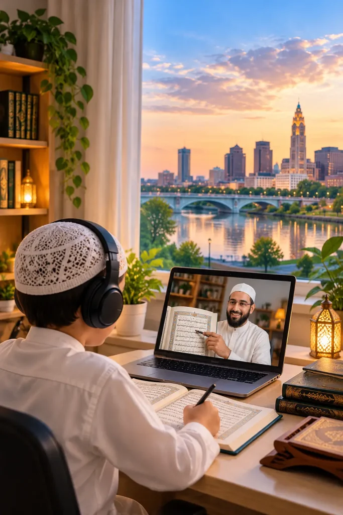 A child learning Quran online from a teacher at home with an open Quran and study materials.