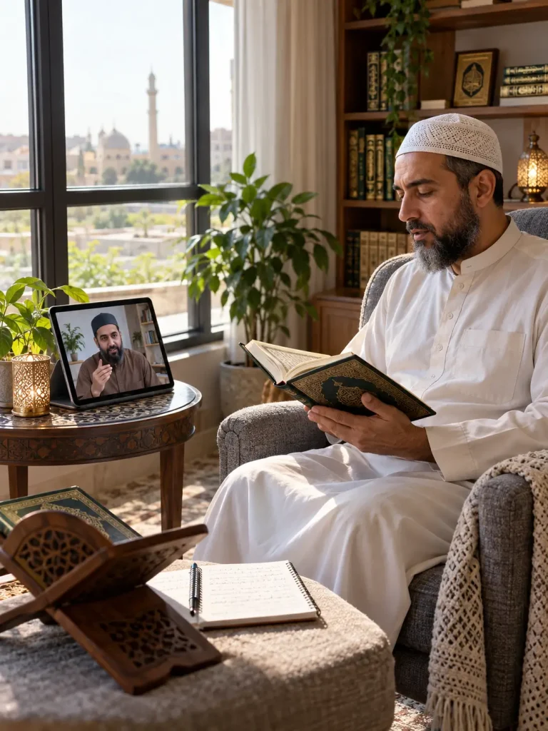 Muslim adult man memorizing Quran during an online one-on-one Quran lesson at home