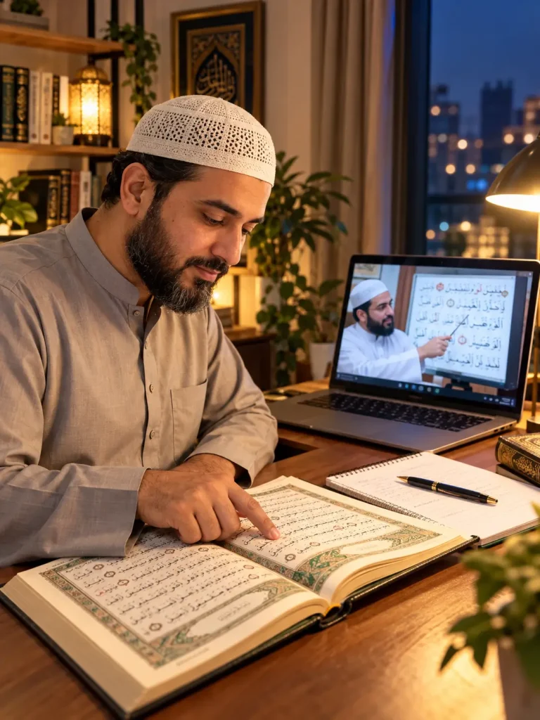 Muslim adult man reading Quran during an online Quran lesson at home