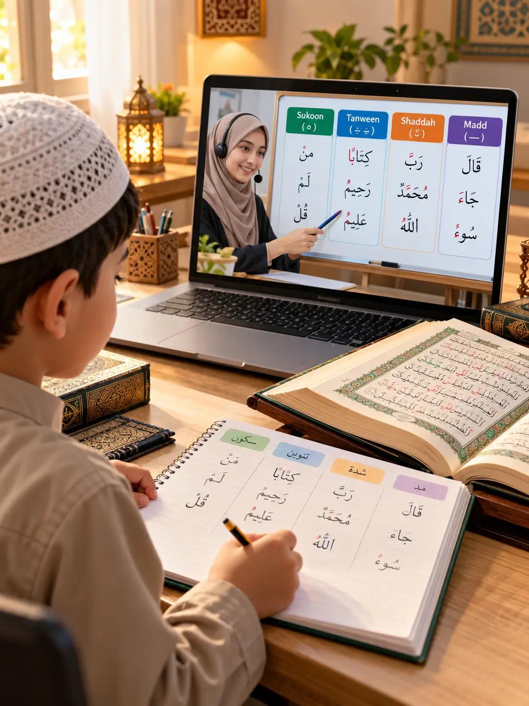 Young Muslim child learning Sukoon, Tanween, Shaddah and Madd in an online Quran class