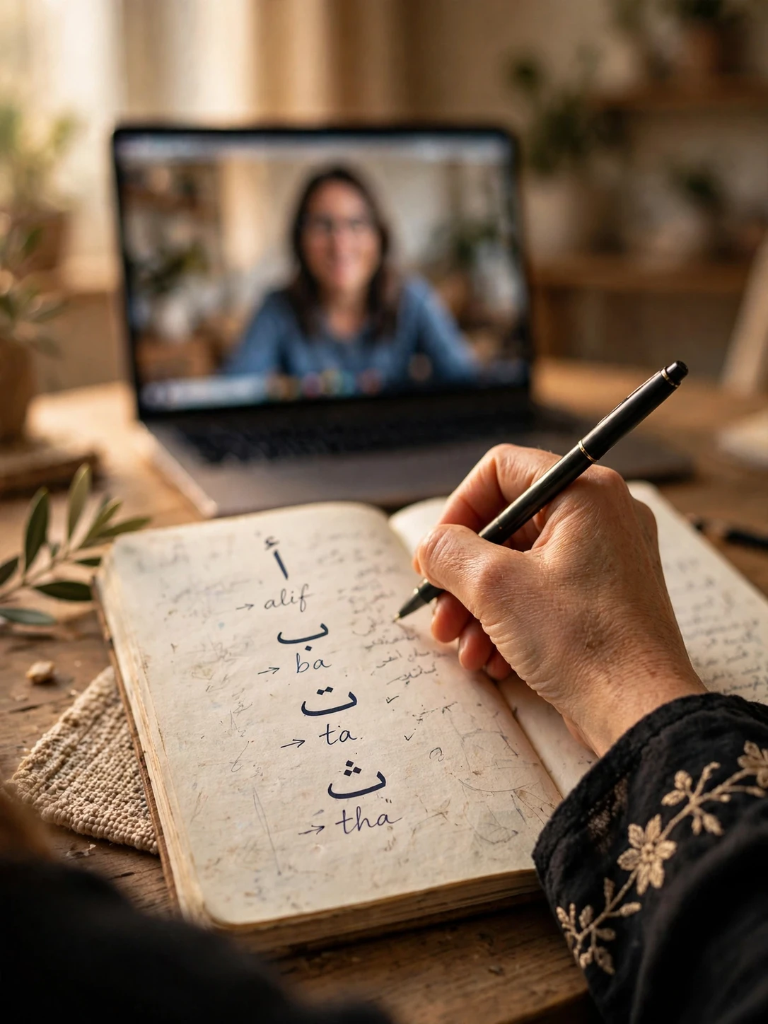 Student practicing writing Arabic alphabet letters with a teacher in an online class