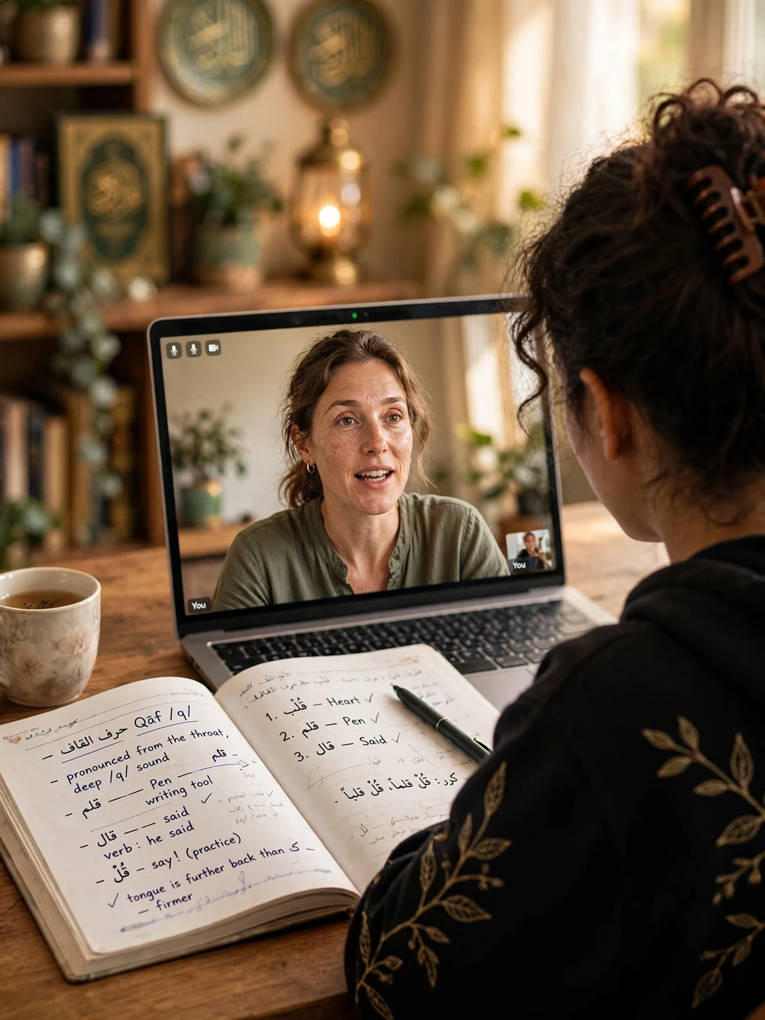 Student practicing Arabic pronunciation aloud with a teacher correcting on a video call