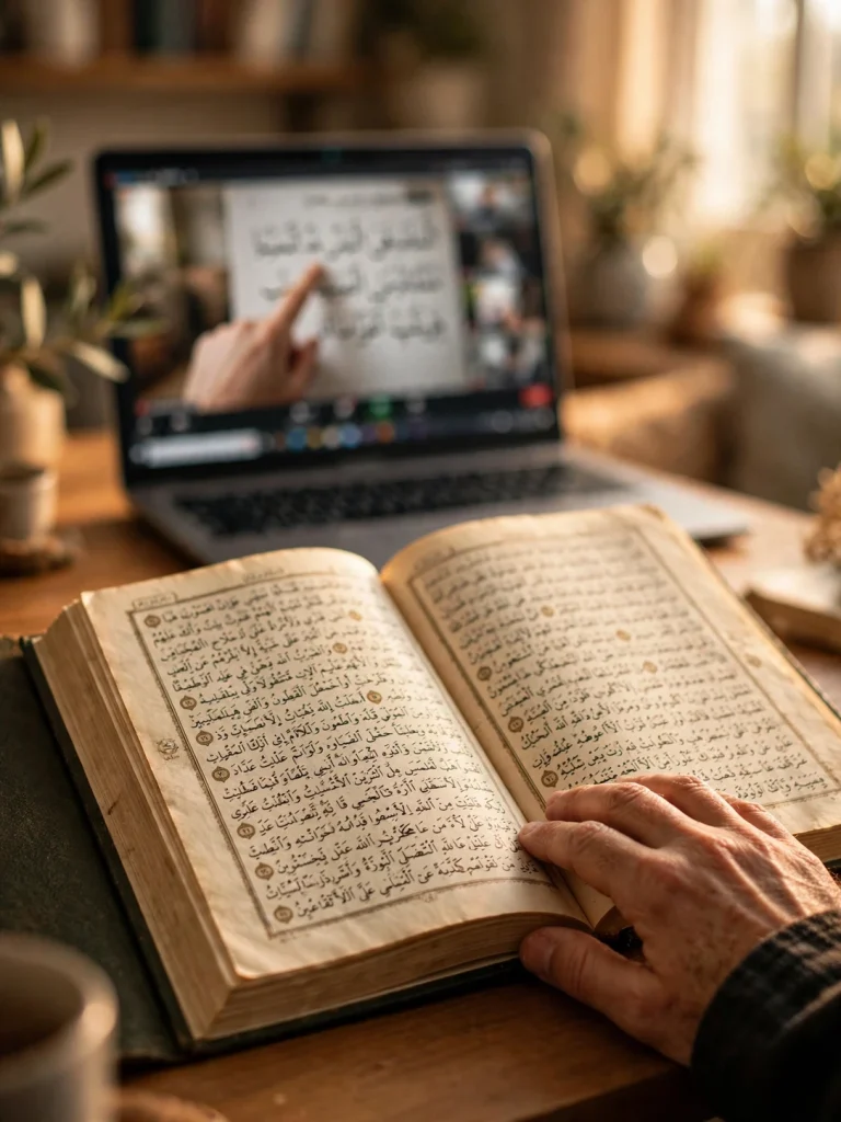 Teacher explaining Arabic vowel marks (harakat) in an open book on a video call