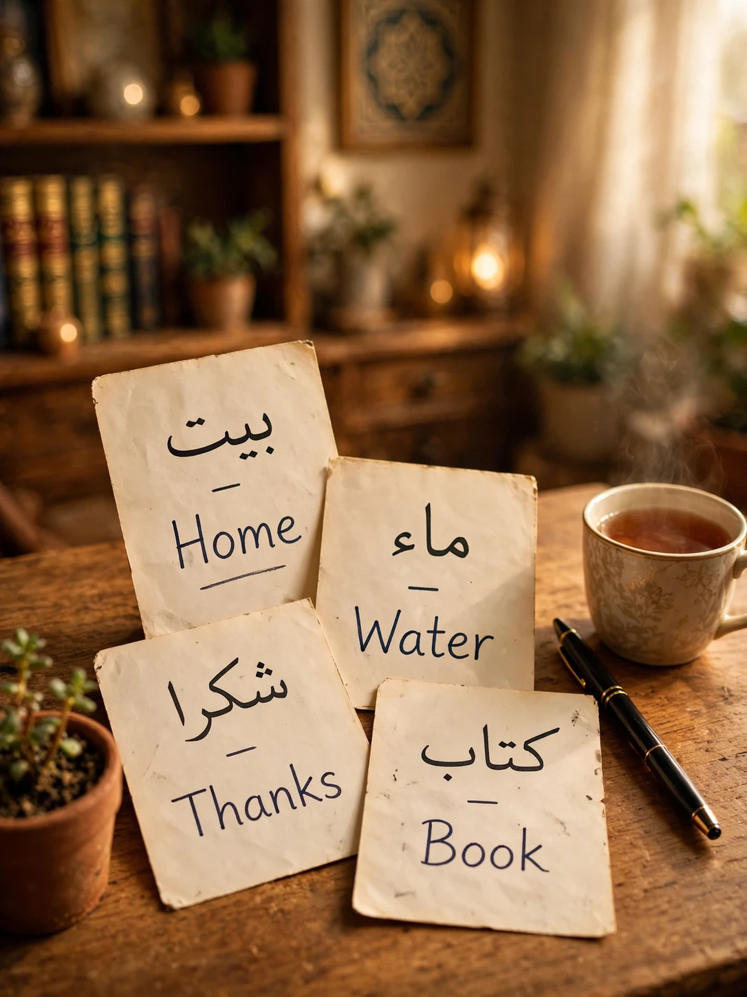 Student learning everyday Arabic vocabulary with flashcards at home