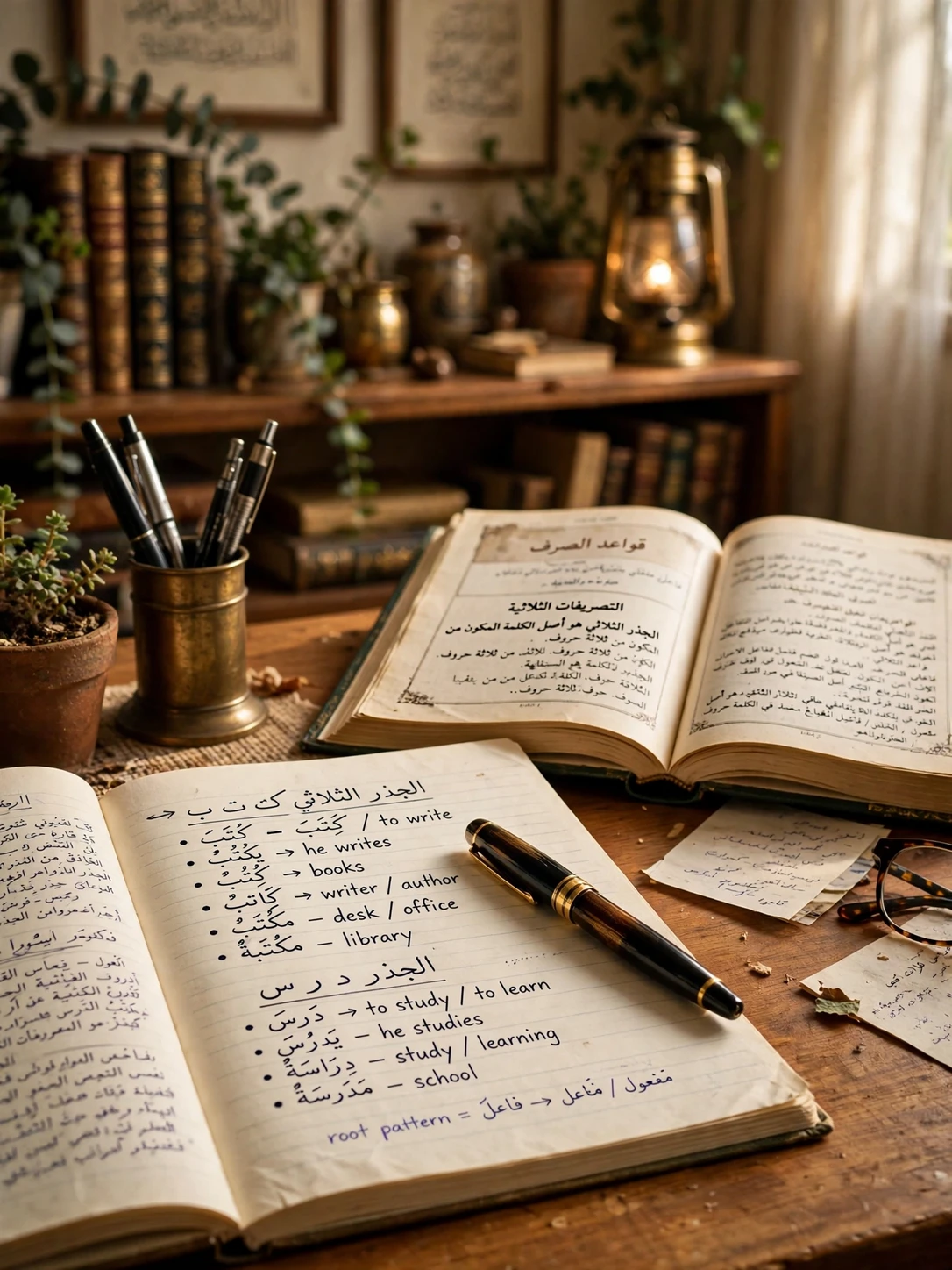 Student studying Arabic word roots and grammar in a notebook