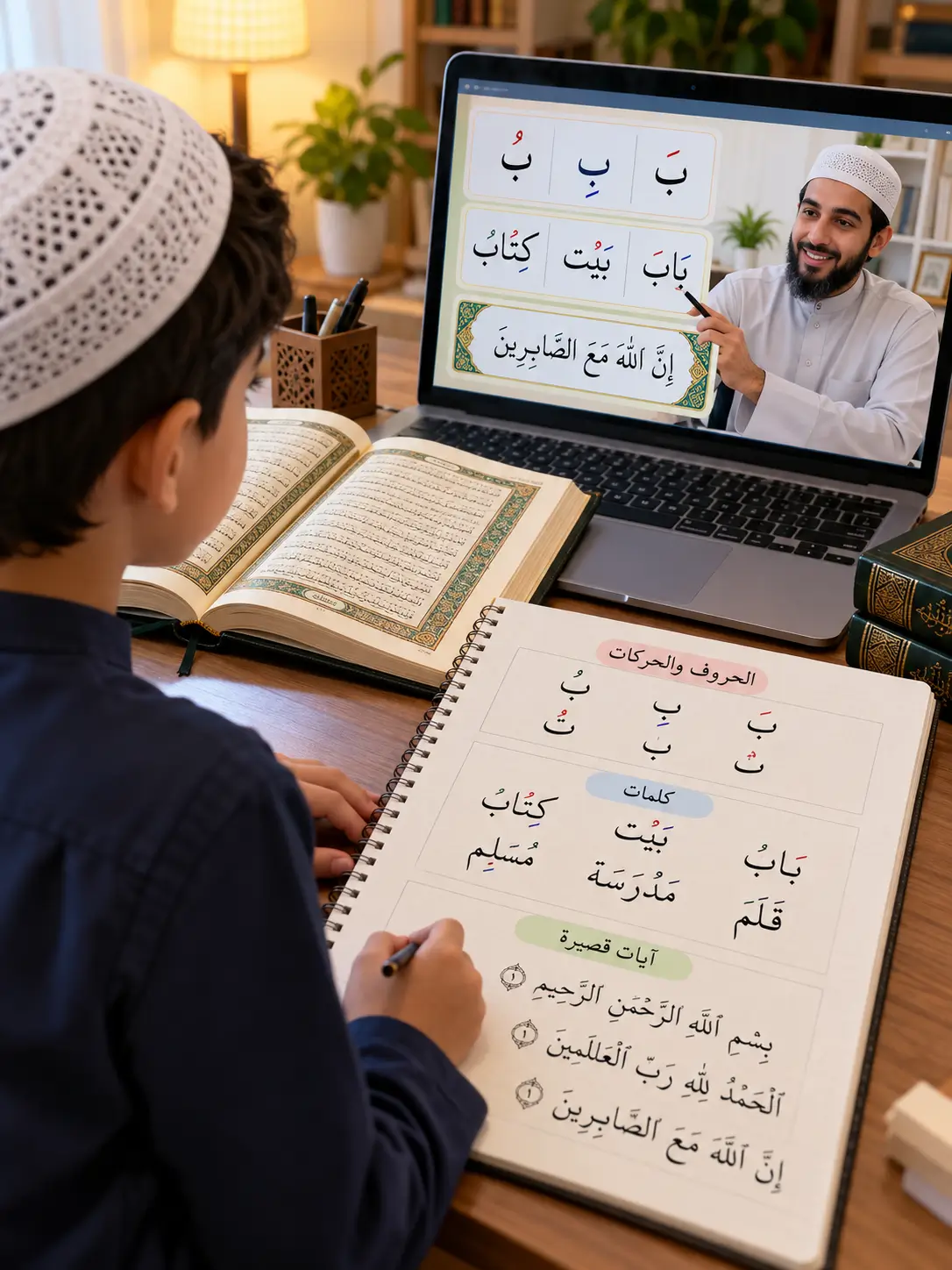 Young Muslim child learning to combine Arabic letters and vowels into words and Quranic lines during an online Quran class