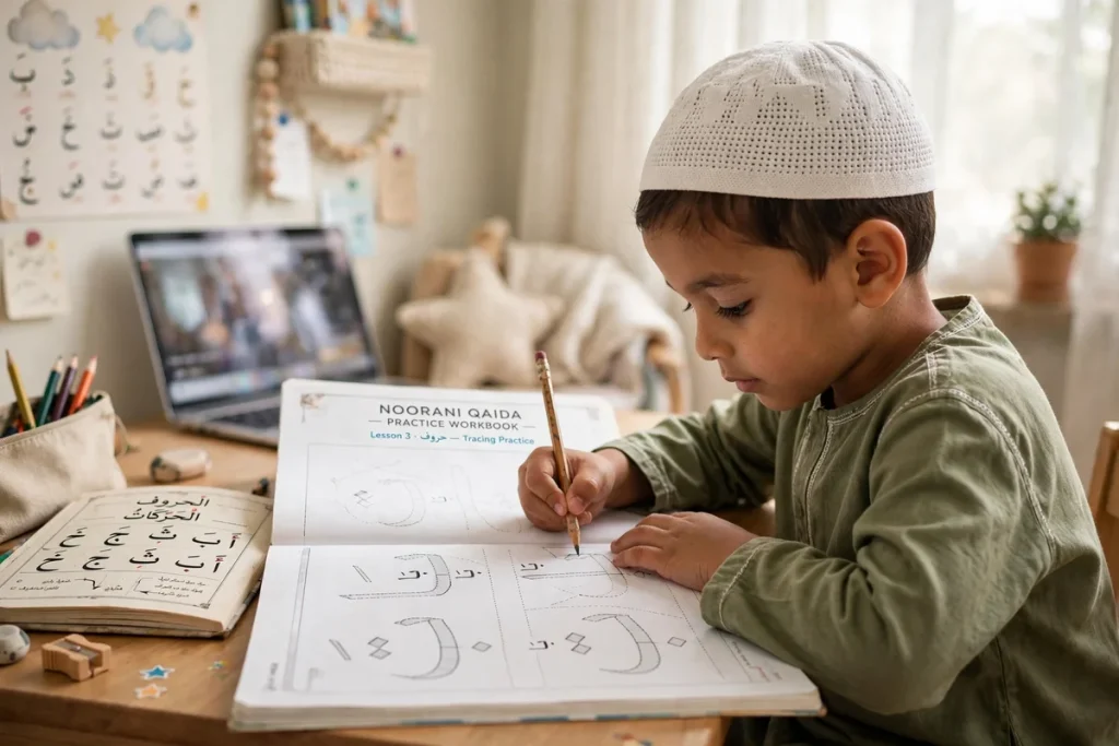 Young boy tracing Arabic letters in a Noorani Qaida practice workbook during an online lesson in Baltimore