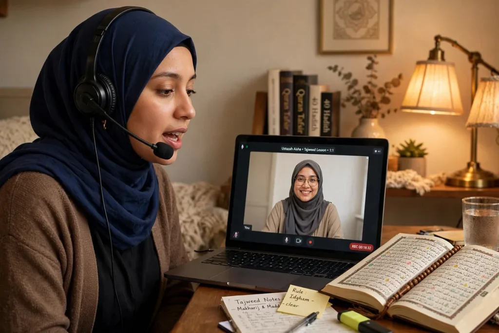 Woman reciting with a headset during a one-to-one online Tajweed lesson with a female teacher in Baltimore