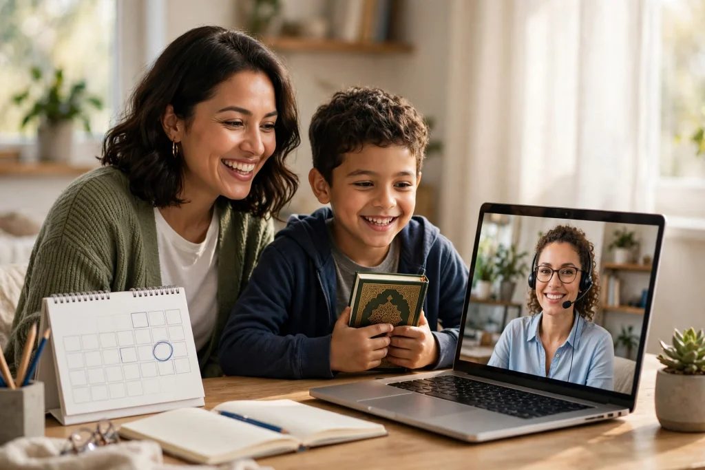 Mother and son booking a free trial Quran class on video call