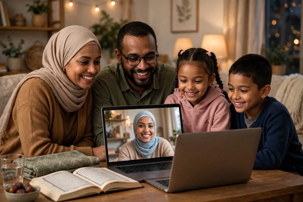 Family learning Quran online with a teacher on video call in Illinois