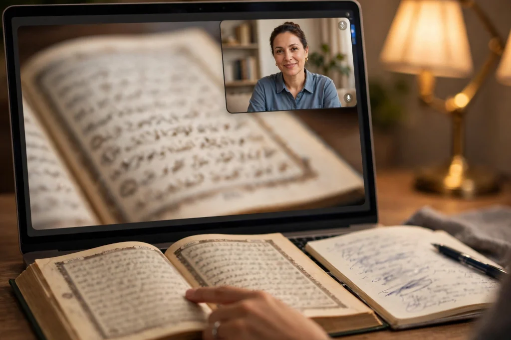 One-to-one Zoom Quran lesson with Quran text shared on screen