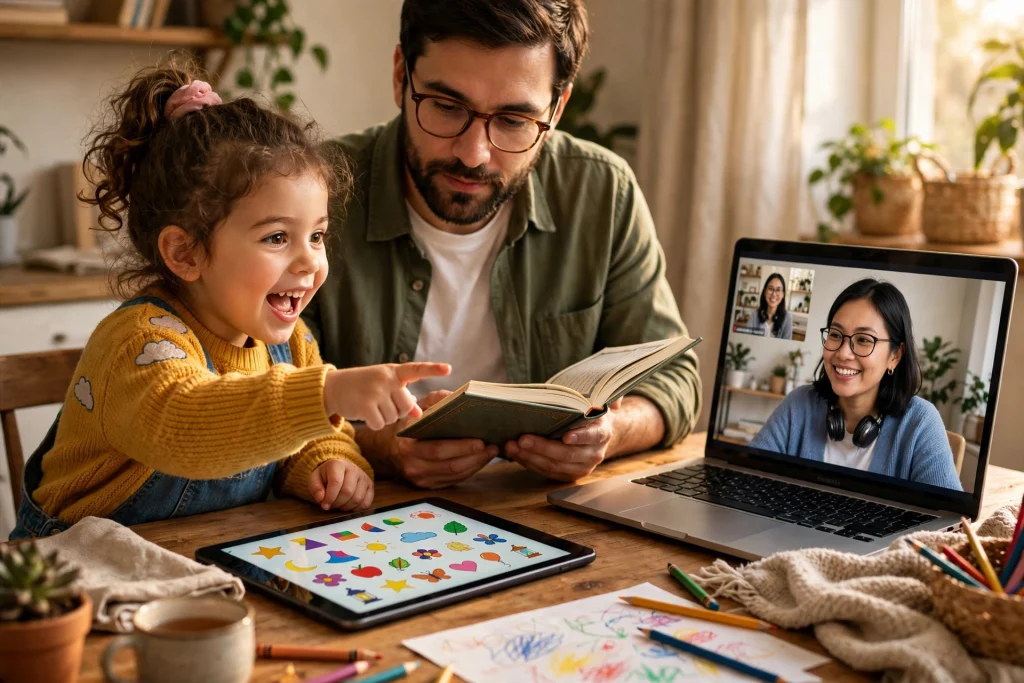 Young child learning Arabic letters and adult learner joining online Quran classes in Illinois