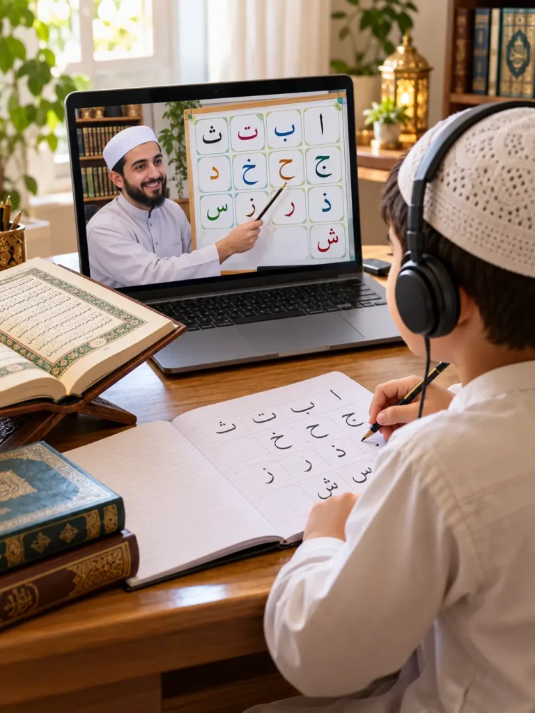 Young Muslim child learning Arabic letters during an online Quran class with a live Quran teacher