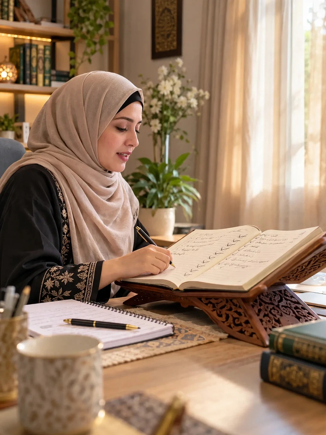 Student revising Sabqi lesson with Quran and revision notebook