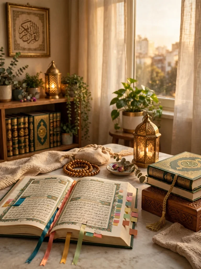 Quran and reading materials arranged for home memorization and revision practice