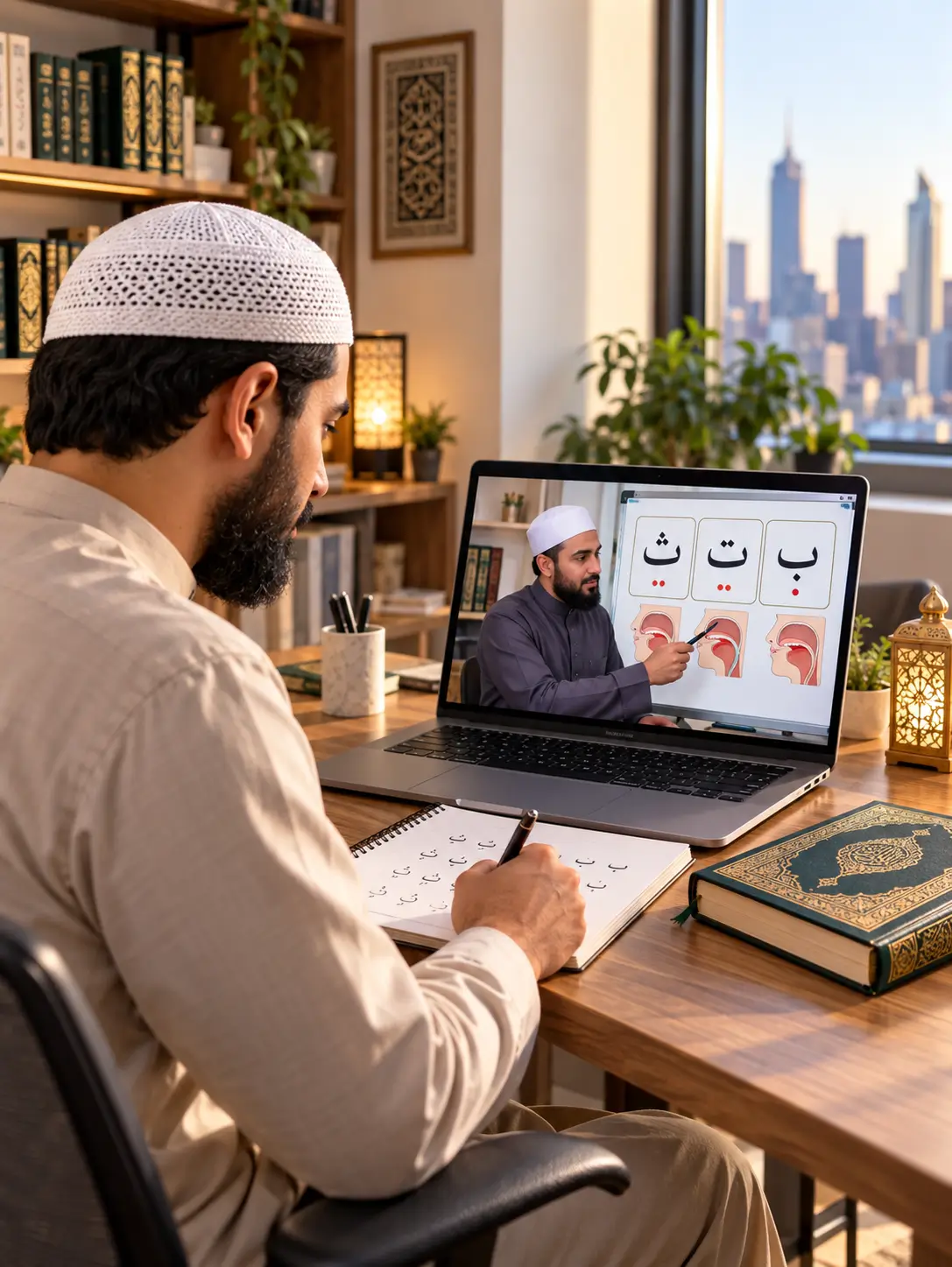 Muslim adult learning Arabic letters and Makharij in an online Quran class