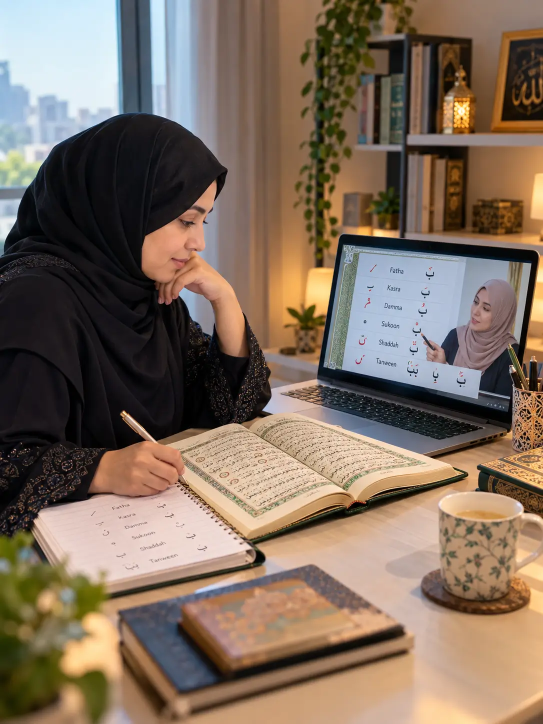 Muslim adult woman learning Quran online with a female Quran teacher from her home office