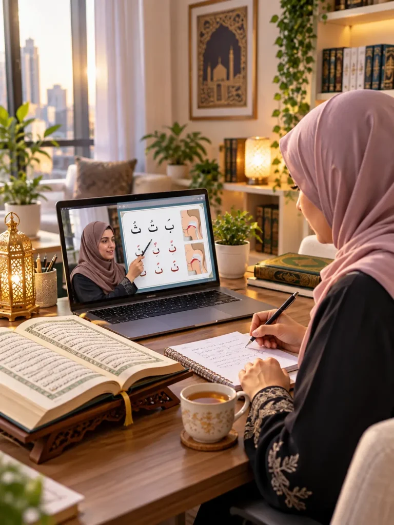 Adult learner studying Quran at home for an online lesson