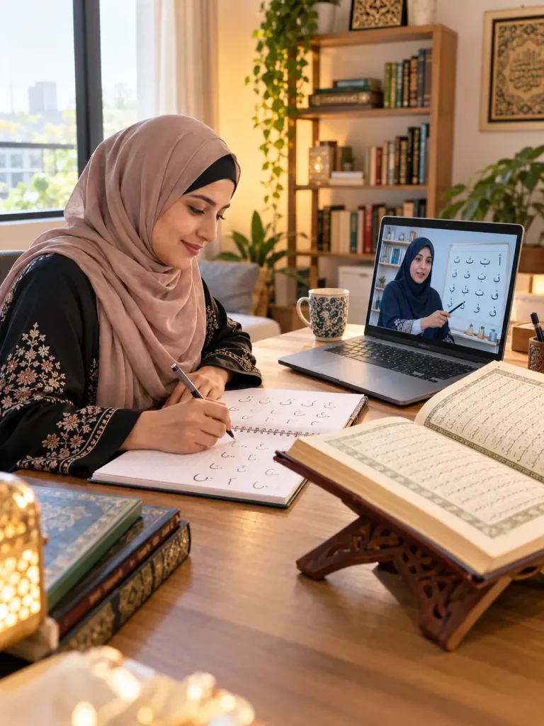 Muslim woman attending online Quran classes for ladies and practicing Arabic letters with a female Quran teacher