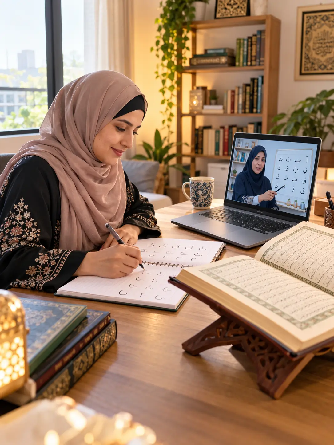 Muslim woman attending online Quran classes for ladies and practicing Arabic letters with a female Quran teacher