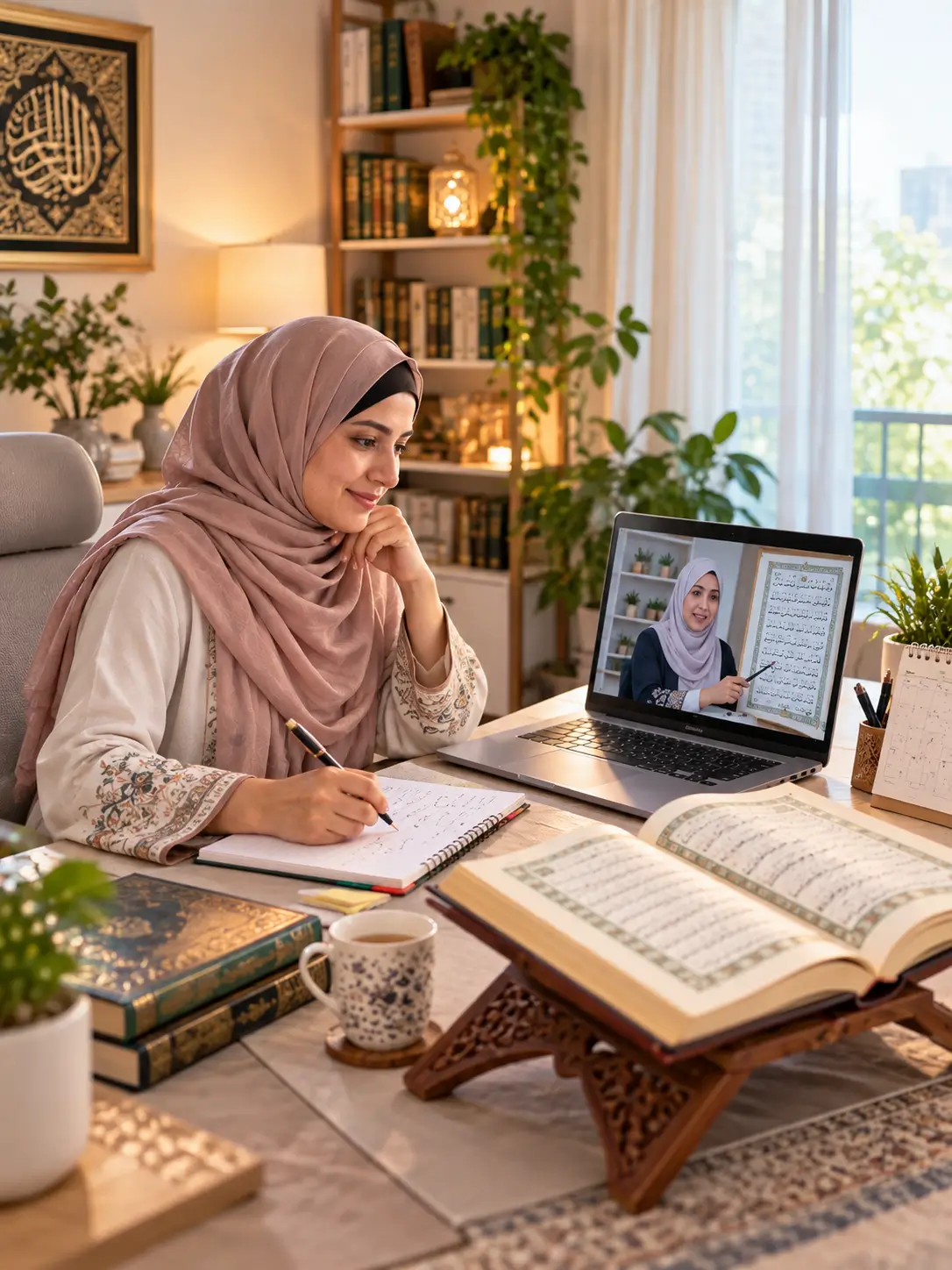 Muslim woman attending private online Quran classes for ladies from home