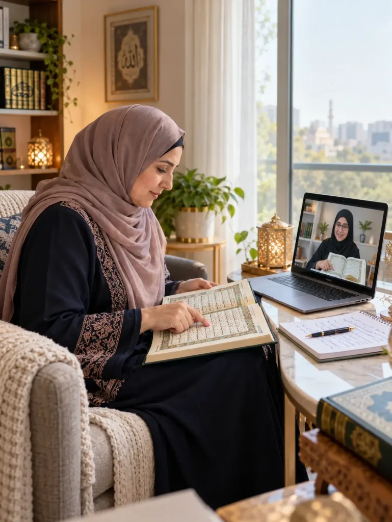 Muslim woman attending online Quran reading correction class with a female Quran teacher