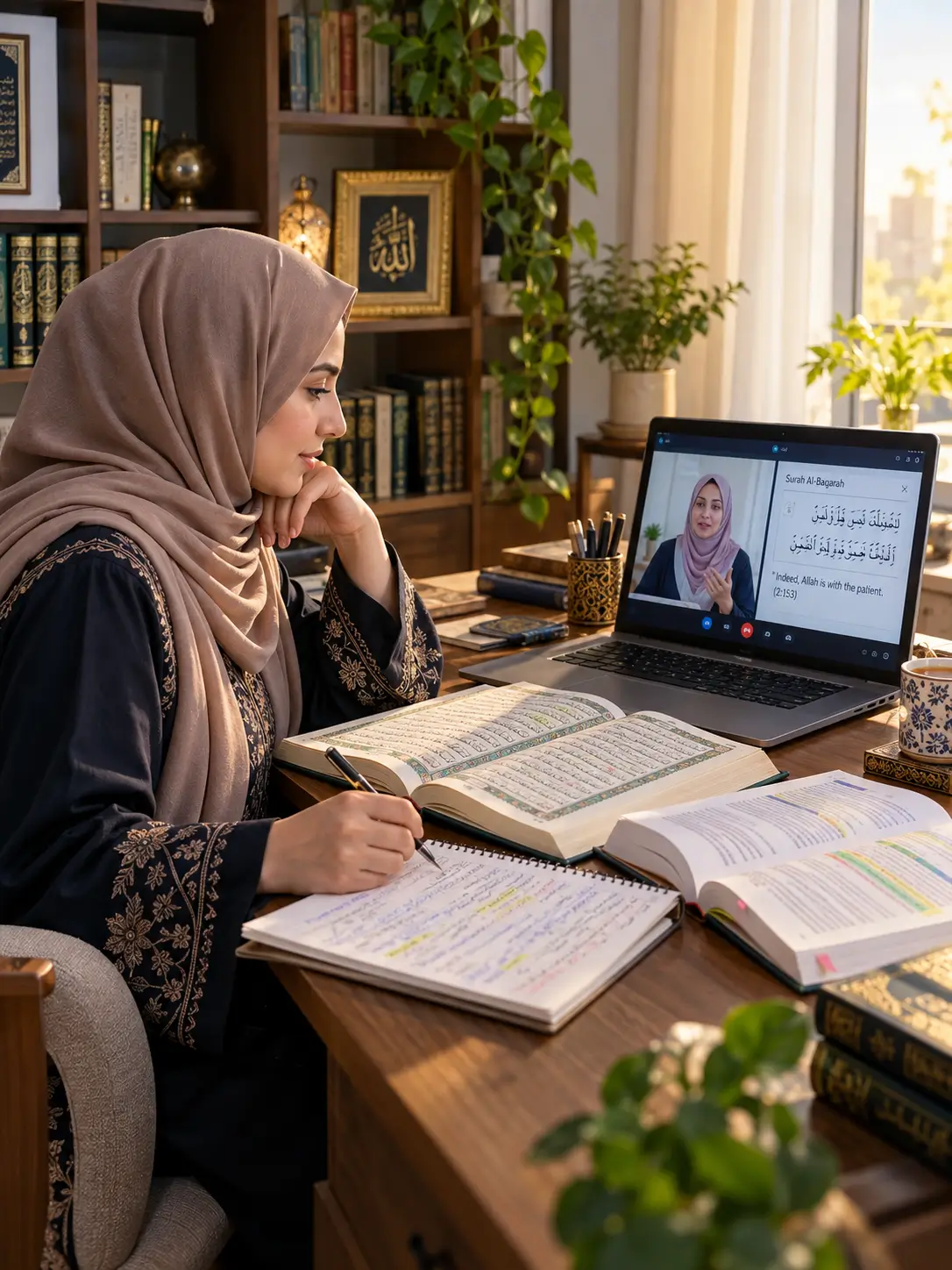 Muslim woman studying Quran translation in a private online Quran class from home