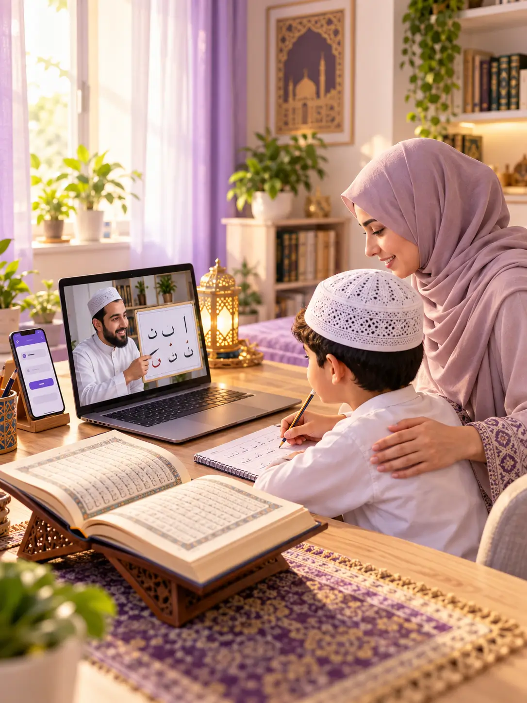 Muslim mother helping her child attend an online Quran class with a teacher on laptop