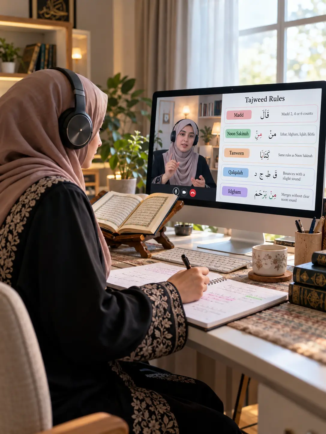 Muslim adult woman attending an online Quran Tajweed lesson with a female Quran teacher