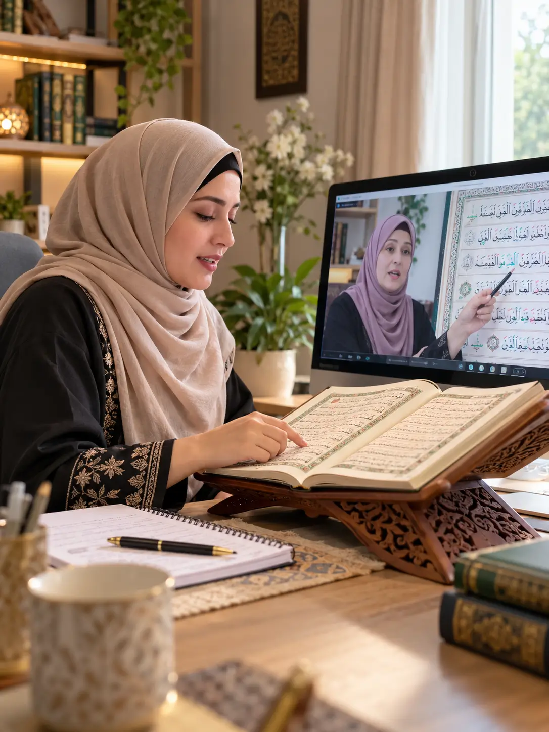 Muslim woman attending an online Quran Tajweed class with a female Quran teacher from home